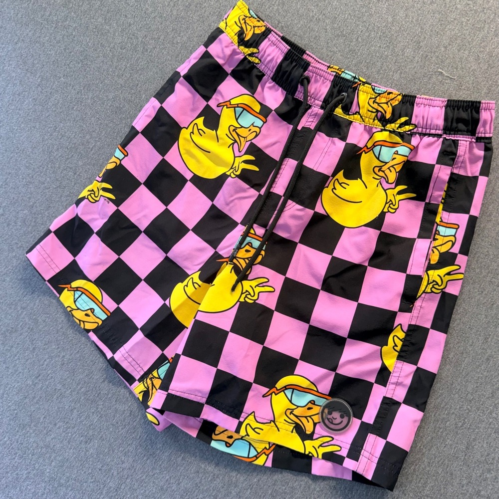 Neff Mens Pink Black Checkered Rubber Ducky Swim Trunks Board Shorts Medium